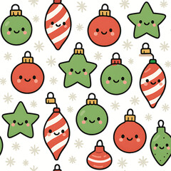 Hand-drawn cartoon Christmas decorations seamless pattern. Adorable star and ball ornament characters for festive holiday vector illustration.