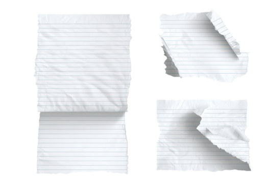 Three pieces of lined paper, slightly crumpled and torn