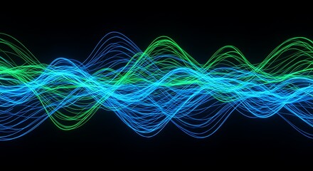 Dynamic abstract blue and green flowing lines form wave patterns. A digital visual representing sound frequencies, data streams, or energetic flow against a dark background