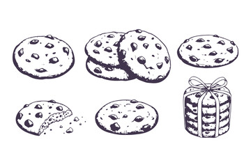 Hand Drawn Cookie Illustrations. Vintage Chocolate Chip Biscuit Sketch Set