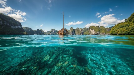 Obraz premium Raja Ampat Landscape, scenic tropical seascape with turquoise waters, lush karst islands, and pristine natural beauty of Papua’s iconic archipelago