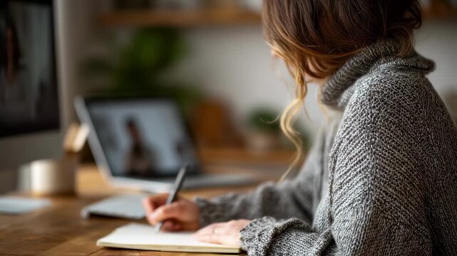 Patient seated at a desk medium shot showing notetaking on paper during an online functional tic disorder therapy session with the video call interface gently out of focus.