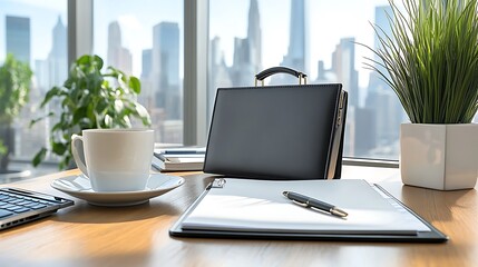 Office Desk View City Business Success.