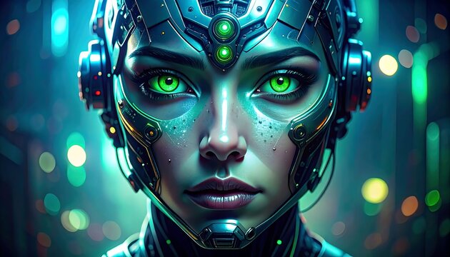 Close-up portrait of a futuristic cyborg woman