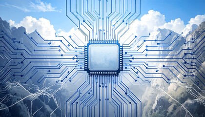 Circuit board overlaid on mountainous landscape