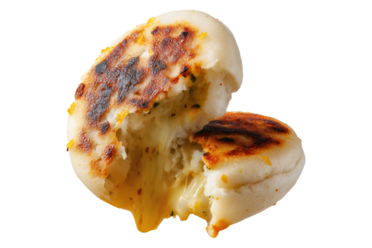Gooey melted cheese-stuffed Arepas flatbreads stacked with fillings like beef, black beans, and cheese isolated on white transparent background. Concept of Venezuela street food - Powered by Adobe