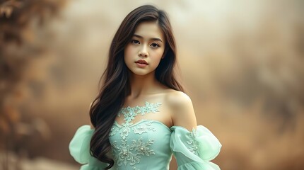 Stunning Woman in a Light Green Gown with Intricate Lace Embroidery