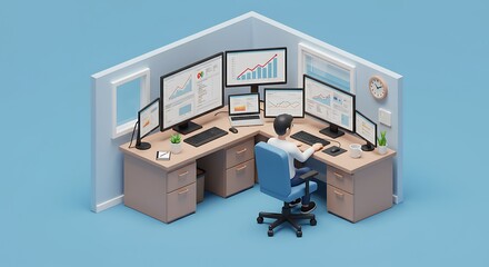 A stylized, minimalist depiction of a person working at a corner office desk with multiple computer screens displaying data visualizations, emphasizing a modern and efficient workspace.
