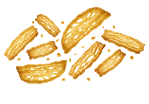 Golden brown crispy cookies falling on transparent background food photography