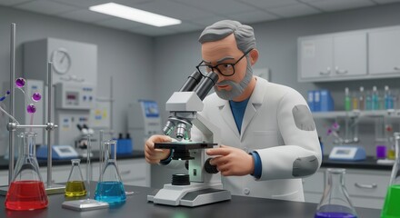 A stylized illustration of a scientist meticulously examining a specimen under a microscope in a modern laboratory setting.