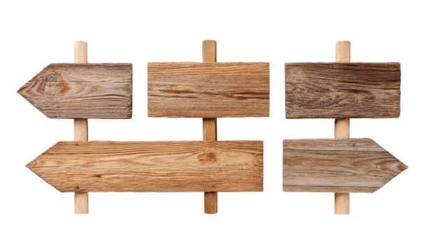 Four weathered wooden directional signs, arranged in a grid pattern
