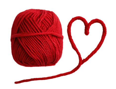 A vibrant red ball of yarn beside a heart-shaped strand