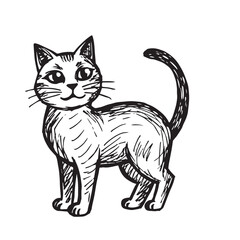 Cat Doodle Black and White Illustration Vector Image Cute Kitten Sketch Line Art Drawing Silhouette