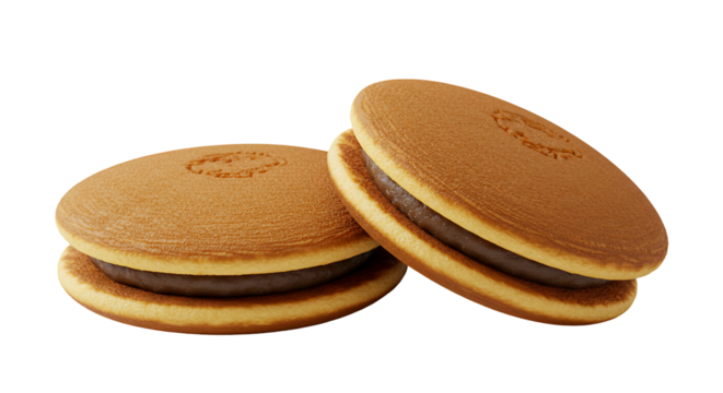 Two brown cookies with dark filling isolated on transparent background