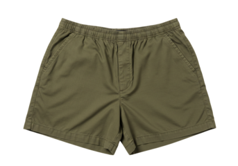 Olive green shorts casual summer apparel comfortable menswear elastic waistband pockets flat lay studio shot isolated transparent background