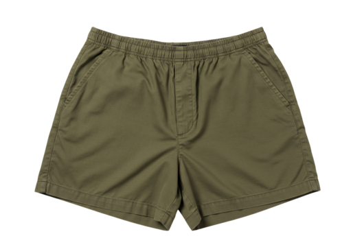 Olive green shorts casual summer apparel comfortable menswear elastic waistband pockets flat lay studio shot isolated transparent background