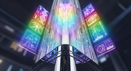 Close-up of a futuristic digital display with vibrant, multicolored screens and sleek metal frame in a dark room.