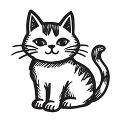 Cat Doodle Black and White Illustration Vector Image Cute Kitten Sketch Line Art Drawing Silhouette