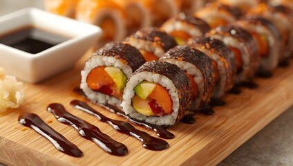  Delicious Freshly Made Sushi Rolls with Sauce on a Wooden Board