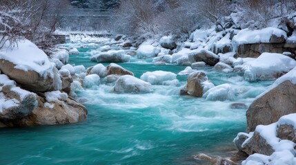 Snowy Mountain River Scene with Crystal Clear Blue Water Flowing Between Rocky Banks Du Winter Season, Cold Atmosphere and Ice Cover