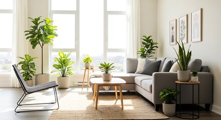 Fototapeta premium Sunlit Modern Living Room with Abundant Greenery and Minimalist Decor
