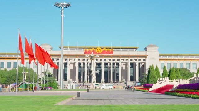 Magnificent view of National Museum of China at Beijing Tiananmen Square during National Day celebration