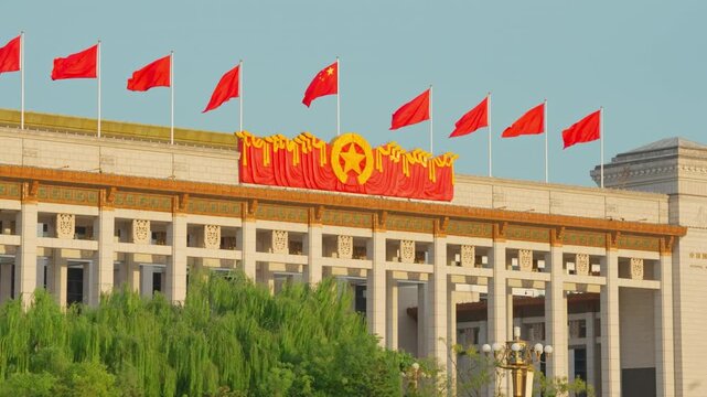 Magnificent view of National Museum of China at Beijing Tiananmen Square during National Day celebration