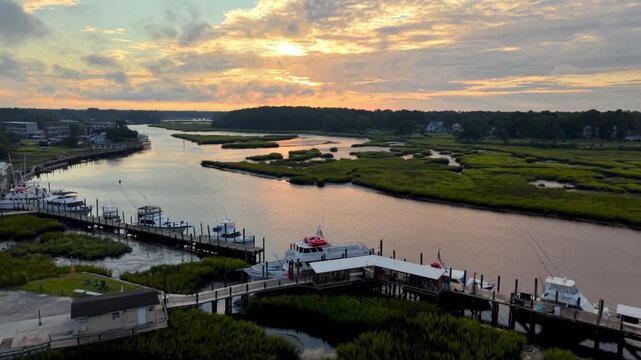 aerial over boats and calabash river in calabash nc