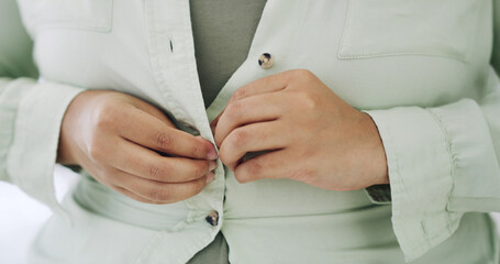 Hands, button and fitting suit for style, plus size fashion and overweight with jacket with morning routine in home. Person, garment and decision for clothes, blazer and weight gain at apartment