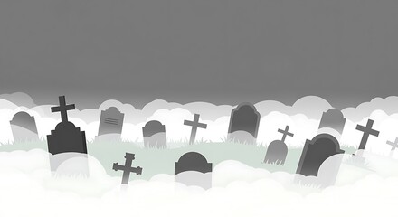 A grayscale cemetery scene, shrouded in a foggy atmosphere, depicts numerous tombstones and crosses.