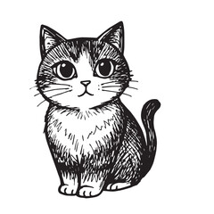 Cat Doodle Black and White Illustration Vector Image Cute Kitten Sketch Line Art Drawing Silhouette