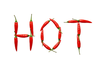 Red chili peppers forming word hot transparent background food photography