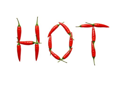 Red chili peppers forming word hot transparent background food photography