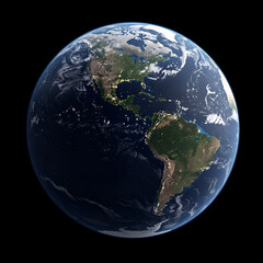 Fototapeta premium Earth's Western Hemisphere with detailed continents, displayed from space, with light reflecting on the surface. High-resolution satellite view for educational/scientific use.