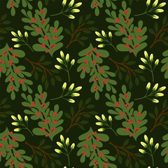 Seamless pattern of twigs with red berries and branches. Vector illustration