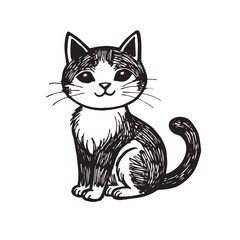 Cat Doodle Black and White Illustration Vector Image Cute Kitten Sketch Line Art Drawing Silhouette