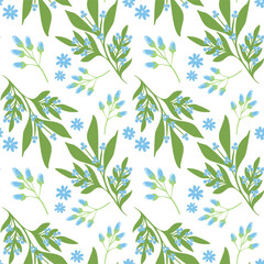 Seamless pattern of delicate blue flowers and vegetation. Vector illustration