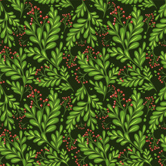 Seamless green pattern of twigs with red berries and graceful leaves. Vector illustration