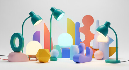 A vibrant collection of modern lamps and abstract shapes are arranged together, creating a visually captivating display of colorful illumination against a neutral backdrop.