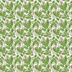Seamless pattern of green twigs with red berries and graceful leaves. Vector illustration