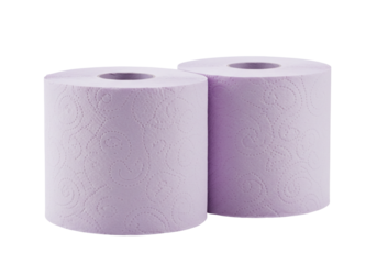 Two rolls lavender toilet paper soft embossed swirl pattern isolated transparent background