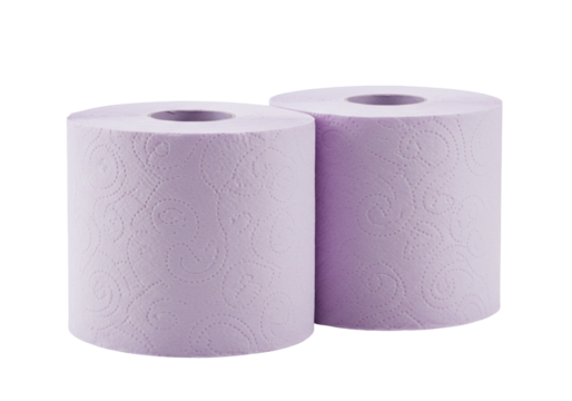 Two rolls lavender toilet paper soft embossed swirl pattern isolated transparent background - Powered by Adobe
