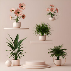 Fototapeta premium Pink flowers and plants in modern pastel-colored pots displayed on floating shelves and a podium. Minimalist arrangement with a muted backdrop.