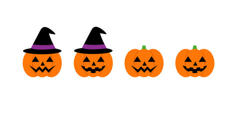 ジャックオランタン　シンプルなイラスト　ハロウィーンのかぼちゃ,かわいい,魔女の帽子,素材