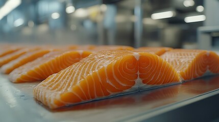 Salmon Fillet Freshness Orange Rows on a Steel Table with Ready for Processing.