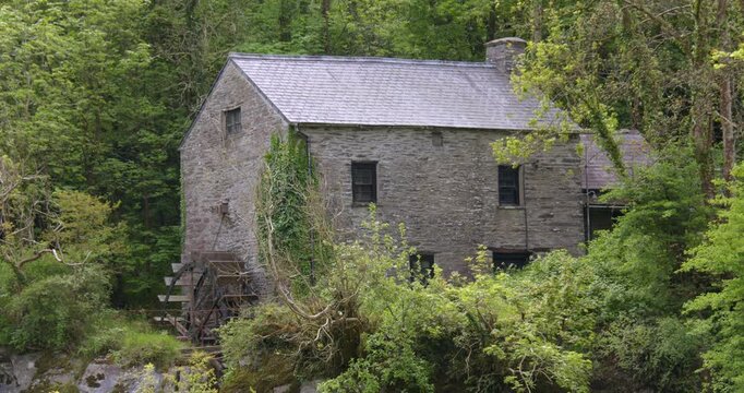 Wide shot of the 17th century flour mill at Cenarth Falls on the river Teifi