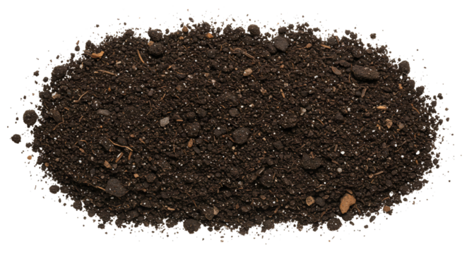 Dark brown soil texture with stones and organic matter isolated on transparent background