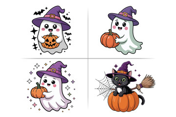 Cute Halloween Ghosts Clipart Bundle Set, Halloween Clipart Bundle Set, Spooky Pumpkin, Ghost, Witch, Skeleton, Haunted House, Trick or Treat, Horror Elements, Vector Illustration Pack for Design