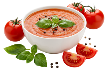 Vibrant tomato soup with basil and pepper in a white bowl