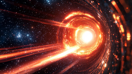Abstract sci-fi space tunnel with red and white glowing rays, depicting a neon hyperspace wormhole for time travel, space exploration, and futuristic technology concepts.